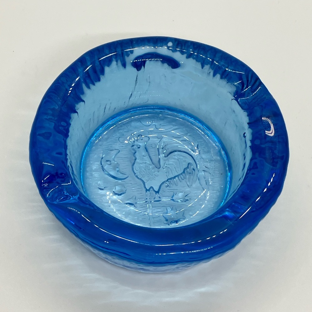 Vtg Blenko Celestial Moon Rooster Weathervane Blue Art Glass Ashtray